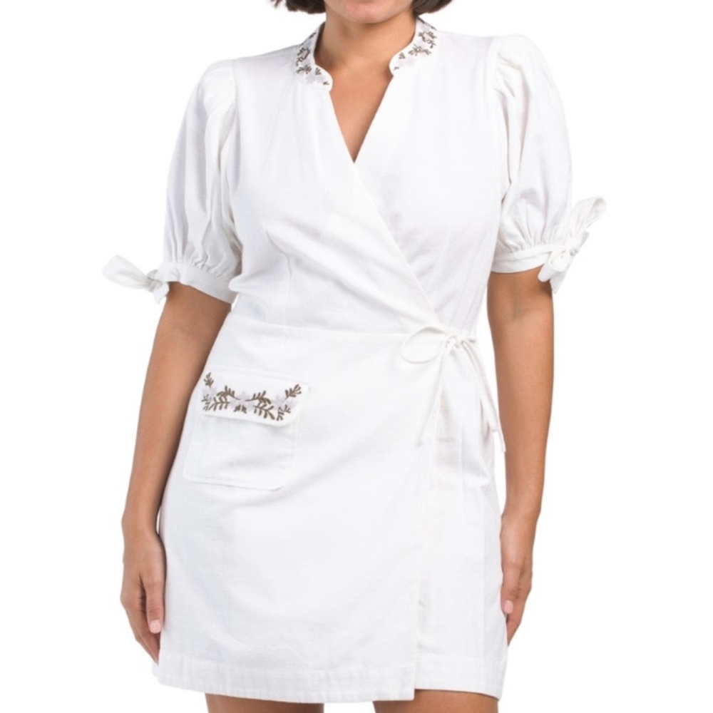 White Puff Sleeve Wrap Mini Dress